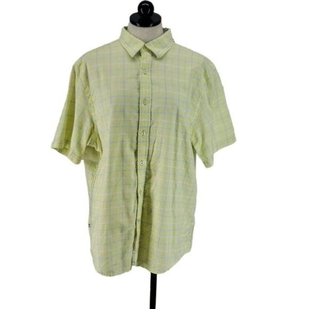 Geoffrey Beene Mens Plaid Short‎ Sleeve Button Down Shirt Yellow White Large